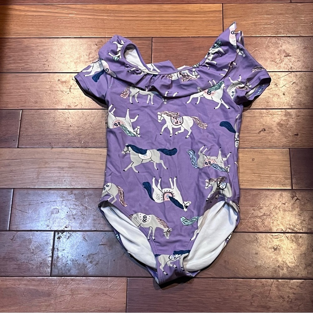 Hanna Andersson Lavender Horse Print Ruffle Neck One-Piece Swimsuit